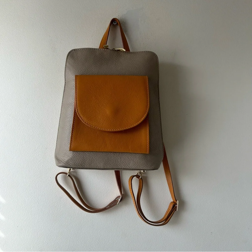 Divina Firenze Pebbled Leather Mini Backpack Purse Grey Camel Brown